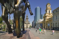Close-up of the equestrian statue of Pedro de Valdivia in Plaza de Armas.South AmericaCapitalChileSantiagoLatin AmericaTourismHolidaysTravelArchitectureColonialStatueHorsePlaza de ArmasP...