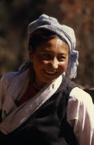 Portrait of Bhotia woman smilingAsia Asian Nepalese Female Women Girl Lady Happy Contented Female Woman Girl Lady One individual Solo Lone Solitary