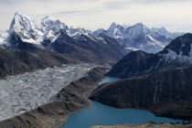 View from Gokyo Ri over Gokyo and Ngozumpa Glacier to Cholatse  Tawachee  Kantega and ThamserkuAsia Asian Nepalese Scenic
