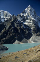 View down towards Cholatse Cho with mountains Tawachee on the left and Cholatse on the rightAsia Asian Nepalese Scenic