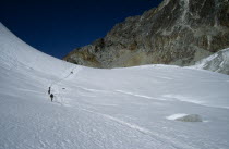 Trekkers desending through snow from the Cho La towards DzonglaAsia Asian Nepalese Scenic
