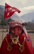 Circuit Trek. Red painted animal totem representing the God of the Gauchan clan of the Thakalis during the Lha Phewa Festival in Larjung villageAsia Asian Nepalese Religious Religion