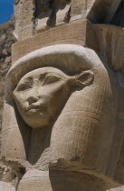 Deir-el-Bari. Hepshepsut Mortuary Temple. Carved column with head of Goddess Hathor represented with cows ears. One of the Hathoric columns.African Middle East North Africa History Religion Religious...