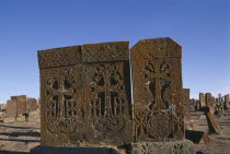 Carved memorial stones or Khachkars dating from 13th century.Armenian Asia Asian European Middle East Religion Religious