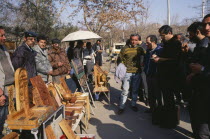 Wood carvings including  cross stones  on sale at Vernisarge weekend market.Armenian Asia Asian European Middle East