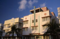 South Beach. Ocean Drive. Art Deco hotel facades seen in early morning lightAmerican North America United States of America Beaches Resort Sand Sandy Seaside Shore Tourism