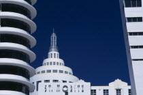 South Beach. Old meets new; Art Deco and modern architecture  including St.Moritz Hotel dominate the skyline at the north end of Ocean Drive.American North America United States of America Beaches Re...