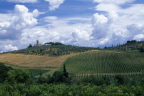 Landscape with vineyards and dramatic cloudscape above towards San Lucia near San Gimignano.Caribbean European Italia Italian Scenic Southern Europe Toscana Tuscan West Indies Farming Agraian Agricul...