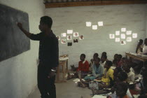 WFP feeding school.  Teacher with secondary maths class.