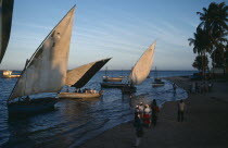 Sailing boats and people on shore of sandy beach in soft golden light.