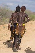 Hamer Jumping of the Bulls initiation ceremony  Hamer woman walking to the place where the bull jumping is being held. they wear traditional goat skin dresses decorated with cowrie shells  and their b...