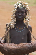 Girl with animal skin bag.