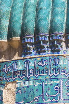 Detail of turquoise glazed tiles on Shrine of Khwaja Abu Nasr ParsaBuilt by Sultan Husayn Bayqara in late Timurid style in the 15th Century and dedicated to a famous theologian who died in Balkh in 1...