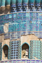 Detail of turquoise glazed tiles on Shrine of Khwaja Abu Nasr ParsaBuilt by Sultan Husayn Bayqara in late Timurid style in the 15th Century and dedicated to a famous theologian who died in Balkh in 1...