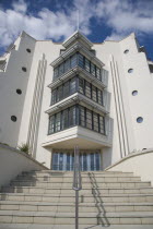The Warnes modern apartment  development. Exterior view of steps leading to front entrance. The building overlooks the Steyne Gardnes and seafront promenade.