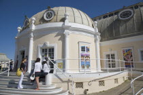 The Pavilion Theatre exterior with a group of girls on the steps outside.European Great Britain Northern Europe UK United Kingdom British Isles Pavillion Theater