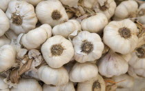 Bunches of garlic bulbs for sale in market. Shoreham-by-Sea.