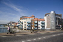 Ropetackle modern housing development apartments on the banks of the river Adur seen from the Norfolk bridge. A regenerated brownfield former industrial area.