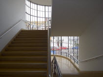The De La Warr Pavilion. Interior view of the projecting staircase at the front of the building  white walls  polished orange gold terrazzo floors and steel framed windows Erich Mendelsohn and Serge...
