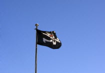 Skull and cross bones pirate flag flying against a blue sky