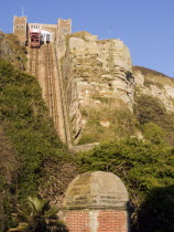The East Hill Lift. View looking up at the steepest funicular railway in the United Kingdom.Takes passengers from sea level down near the old fishing quarter to the top of East Hill and the edge of Ha...