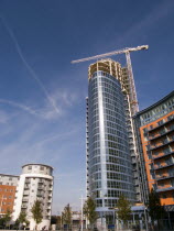 Gunwharf Quays complex. A development of tall modern apartments in process of being built