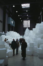Tate Modern. Turbine Hall. Exhibition by Rachel Whiteread called Embankment. 14 000 transluscent white polyethylene boxes stacked in various ways.Visitors walking around exhibit.