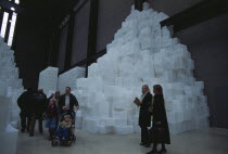 Tate Modern. Turbine Hall. Exhibition by Rachel Whiteread called Embankment. 14 000 transluscent white polyethylene boxes stacked in various ways.Visitors walking around.