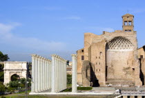 The Forum The Temple of Venus and Roma  Latin: Templum Veneris et Romae  with fibregalss reconstructions of its Corinthian columns in the foreground. It was the largest known temple in Ancient Rome. L...