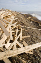 Timber washed up on the beach from the Greek registered Ice Princess which sank off the Dorset coast on 15th January 2008. Worthing Pier in the distance