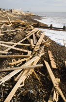Timber wood planks washed up on the beach seafront from the wreckage of the Greek registered ship Ice Princess which sank off the Dorset coast on 15 January 2008. Worthing Pier in the distance