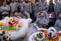 Lion Dance troupe in Gerrard Street with their lions before performing through the area during Chinese New Year celebrations in 2006 for the coming Year of The Dog