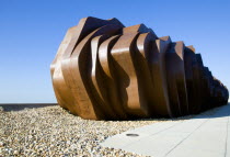 The rusted metal structure of the fish and seafood restaurant the East Beach Cafe designed by Thomas Heatherwick on the promenade