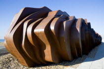 The rusted metal structure of the fish and seafood restaurant the East Beach Cafe designed by Thomas Heatherwick on the promenade