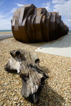 The rusted metal structure of the fish and seafood restaurant the East Beach Cafe designed by Thomas Heatherwick on the promenade with driftwood on the pebble beach in the foreground