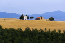 ITALY, Tuscany, Val D'Orcia, Chapel and farmhouse set amongst wheatfields on the top of a hill.