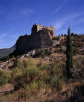Chateau Padern.  Ruined Cathar castle stronghold on hillside with scattered outcrops of rock  broom and cypress tree.