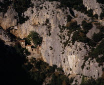 Gorge de Galamus.  South end with tenth century Hermitage St Antoine de Galamus set into rock face.