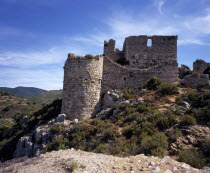 Chateau de Aguilar.  Ruins of twelth Century Cathar castle set on hillside in the commune of Tuchan.  Inner keep surrounded by outer thirteenth century fortification.