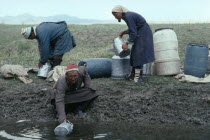 Mongolian herdsmen and woman fetching water.