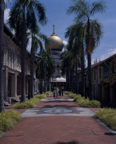 Paved  palm lined road leading to the Sultan Mosque on North Bridge Road with four minarets and large gold dome.  Family approaching entrance.