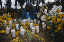 Tarascan Indian woman lighting candles on grave decorated with marigold flowers for Night of the Dead in Tzintzuntzan Cemetery.