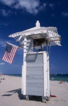 Lifeguard station displaying American flag