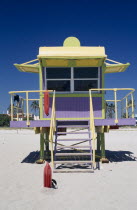 South Beach. Colourful Lifeguard station on sandy beach