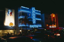 Ocean Drive hotel facades illuminated at night