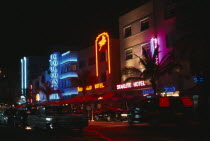 Ocean Drive hotel facades illuminated at night