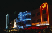 Ocean Drive Art Deco hotels illuminated at night