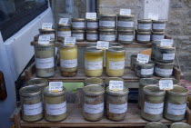 Jars of Pate and Foie Gras on sale in the market.