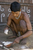 Barasana man  sub group of Tukano  mixing white chalkey clay in a gourd to paint ceremonial design on front of the maloca large communal home.