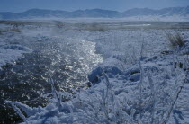 Mid-winter at Bigersum negdel collective. River runs through desert snow-covered cultivated land with steam rising off water at around -25.C. Altai mountains in background.